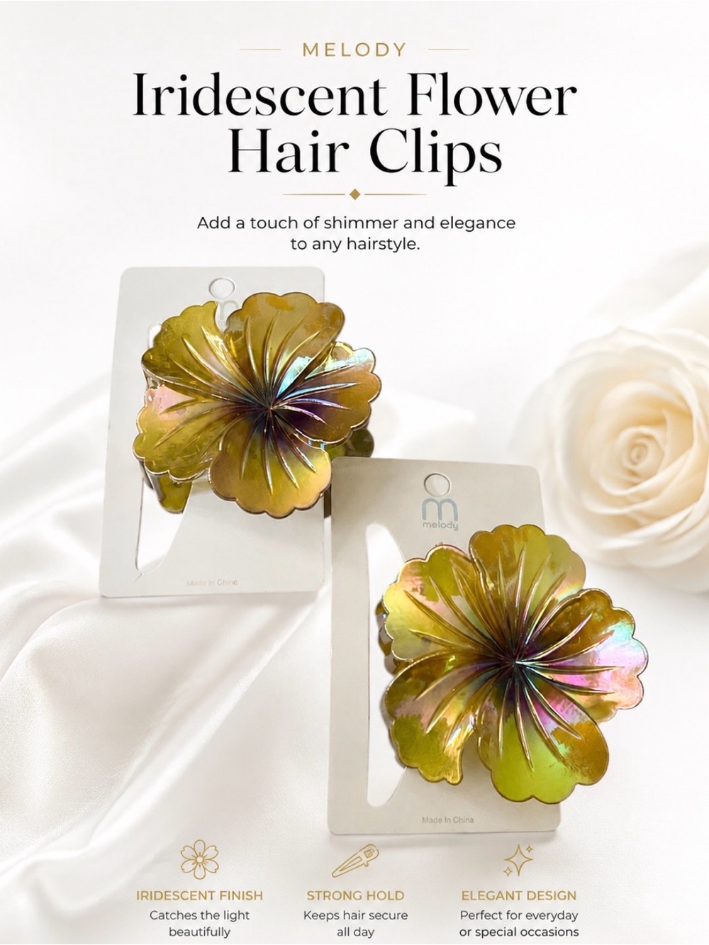 BEAUTIFUL IRIDESCENT FLOWER HAIR CLAW CLIPS